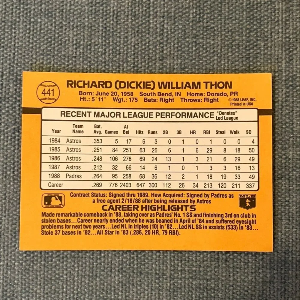 1989 Donruss San Diego Padres Baseball Card Trading Card
